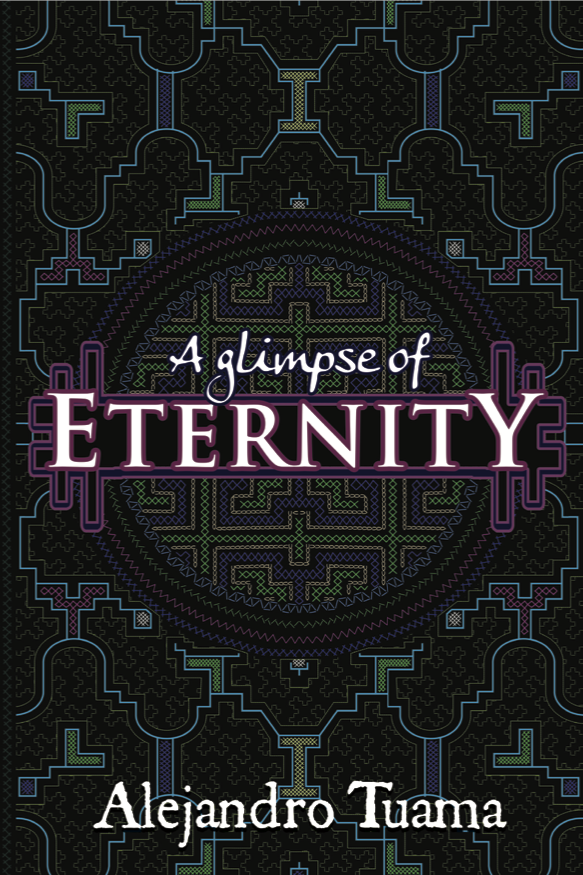 Cover of A Glimpse of Eternity by Alejandro Tuama — intricate geometric vine patterns on black